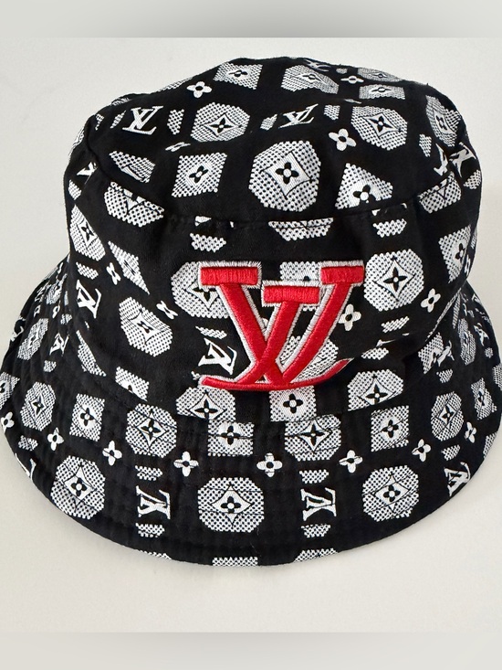 No brand Accessories - Black & White Monogram Bucket Hat with Red LV Emblem